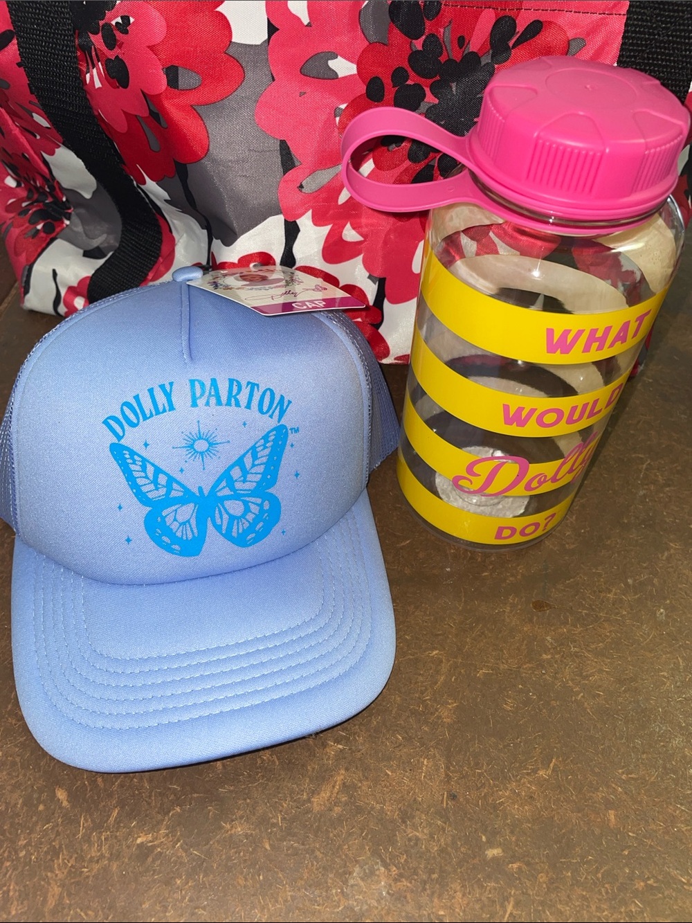 Dolly Parton Trucker Hat with Butterfly Logo & water bottle